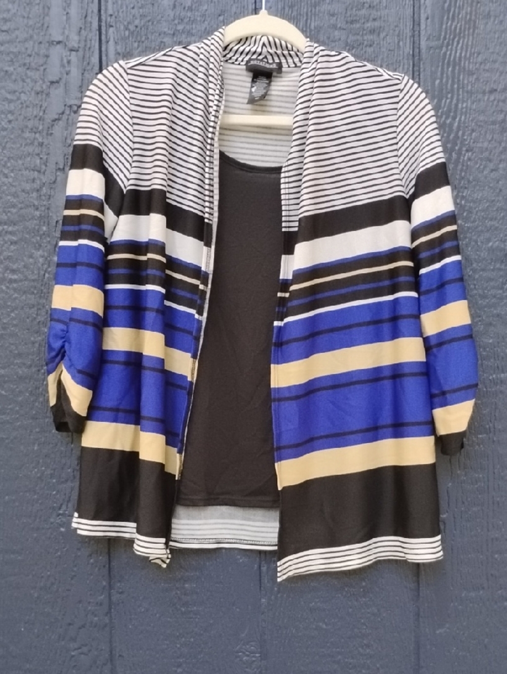 Notations Striped Open-Front Cardigan in Black, Blue & Cream